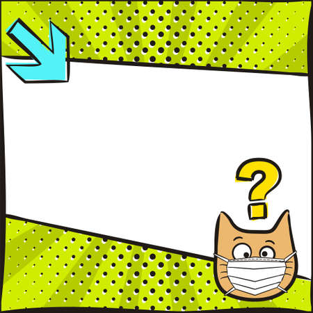 Pop art Cat emoji in a protective mask with speech bubble. Template for a poster or banner for social media post template. Vector illustration on the theme quarantine, medicine, safety, health.のイラスト素材