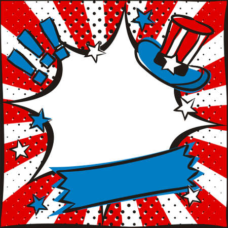 Bright pop art picture for USA Independence Day. Template by July 4th in national colors of the United States of America. Square cartoon web banner for social media post template. Vector illustrationのイラスト素材