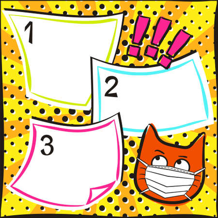 Pop art Cat emoji in a protective mask with speech bubble. Template for a poster or banner for social media post template. Vector illustration on the theme quarantine, medicine, safety, health.のイラスト素材
