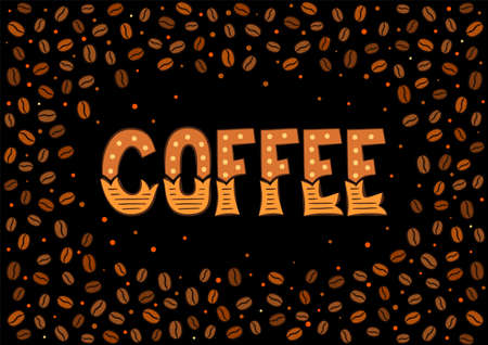 Frame made from coffee beans wifth lettering. Hand-drawn grains. Dark brown logo. Vector illustration for menu, cafe, restaurant.のイラスト素材