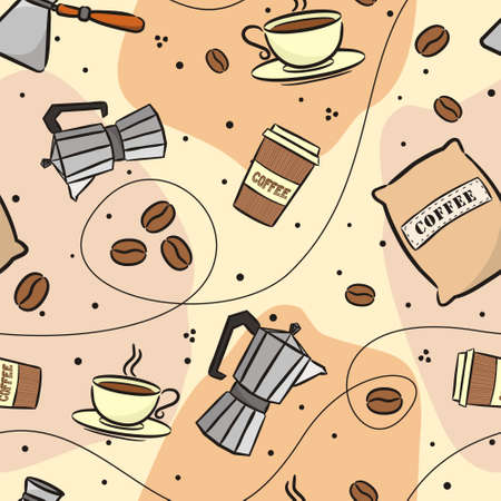 Seamless Hand-drawn coffee pattern. Cup and coffee beans. Background for cafe, restaurant, coffee shop or menu. Vector illustration.のイラスト素材