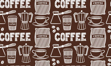 Seamless Hand-drawn coffee pattern in chalky style. Doodle Cup and coffee beans, coffee maker, turk, lettering and bag. Background for cafe, restaurant, coffee shop or menu. Vector illustration.のイラスト素材