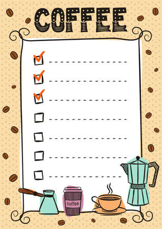 Hand-drawn template for a coffee menu. Vintage frame and lines of the list. Cup, Turk, coffee maker, beans and coffee to go. Vector illustration for cafes and restaurants.のイラスト素材