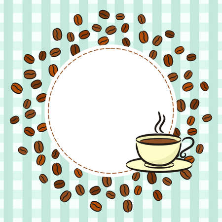 Round frame made from coffee beans. Checkered Kitchen pattern with hand-drawn cup. Vector illustration for menu, cafe, restaurant.のイラスト素材