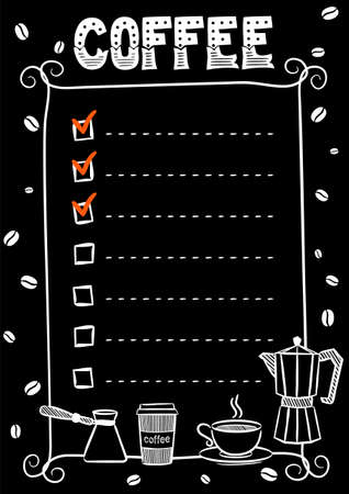 Hand-drawn chalk template for a coffee menu. Vintage frame and lines of the list. Cup, Turk, coffee maker, beans and coffee to go. Vector illustration for cafes and restaurants.のイラスト素材