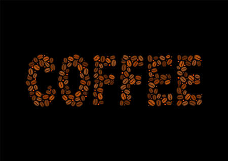 Coffee word made from coffee beans. Hand-drawn grains. Dark brown logo. Vector illustration for menu, cafe, restaurant.のイラスト素材