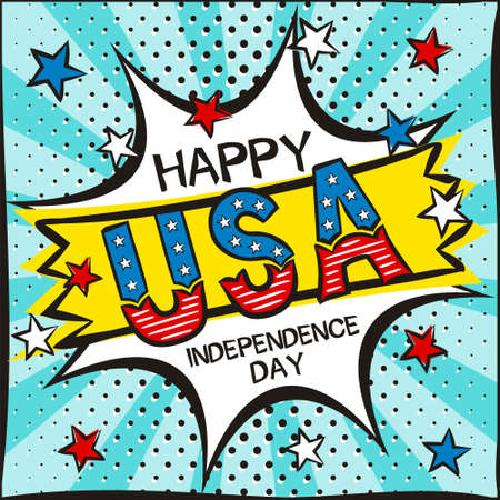Bright pop art picture for USA Independence Day. Template by July 4th in national colors of the United States of America. Square cartoon web banner for social media post template. Vector illustrationのイラスト素材