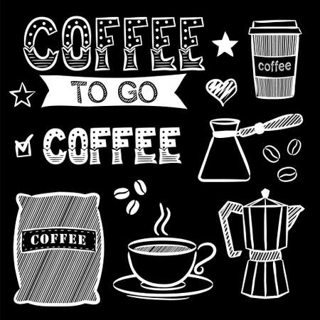Hand-drawn coffee elements in chalky style. Doodle Cup and coffee beans, coffee maker, turk, lettering and bag. Icons for cafe, restaurant, coffee shop or menu. Vector illustration.のイラスト素材