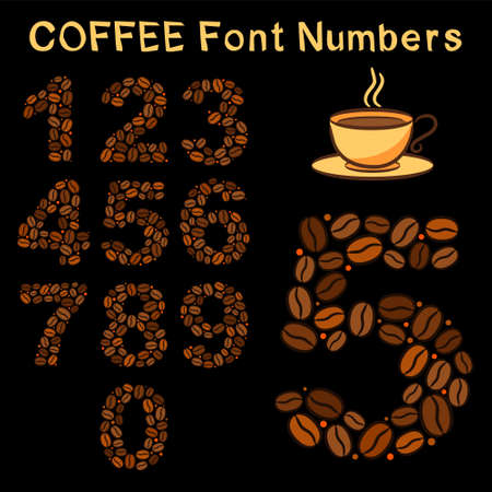 Set of numbers from coffee beans. Hand-drawn grains. Dark brown coffee font. Vector illustration for menu, cafe, restaurant.のイラスト素材
