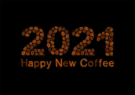 New Year card made from coffee beans. Have a happy new coffee. Hand-drawn grains. Dark brown coffee font. Vector illustration for menu, cafe, restaurant.のイラスト素材