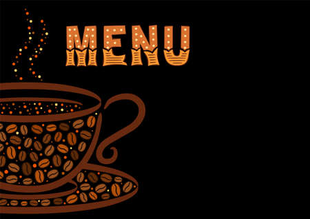 A cup lined with coffee beans and menu lettering. Hand-drawn grains and steaming cup of coffee. Dark brown logo. Template for menu, cafe, restaurant. Vector illustrationのイラスト素材