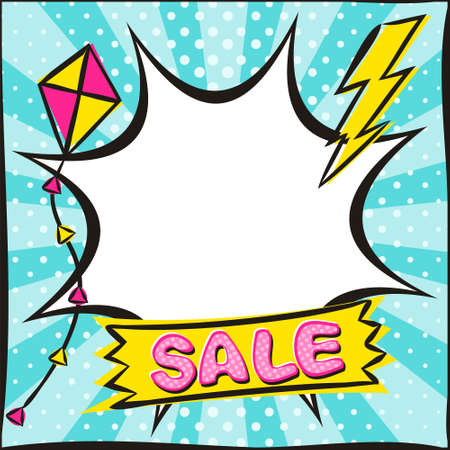 Bright banner for discounts or sales in the style of popart. Explosion on a bright blue background. Template for web design, banners, coupons, applications and posters. Vector illustration.のイラスト素材