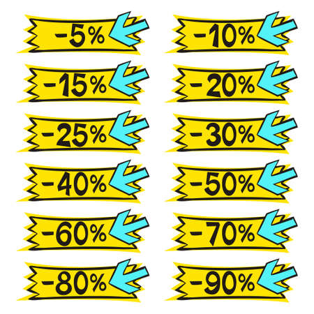 Bright yellow stickers for sale in pop art style. Explosive action. Coupons with percentage discounts. Vector illustration for decoration of a store, showcase, advertising booklets or price tags.のイラスト素材