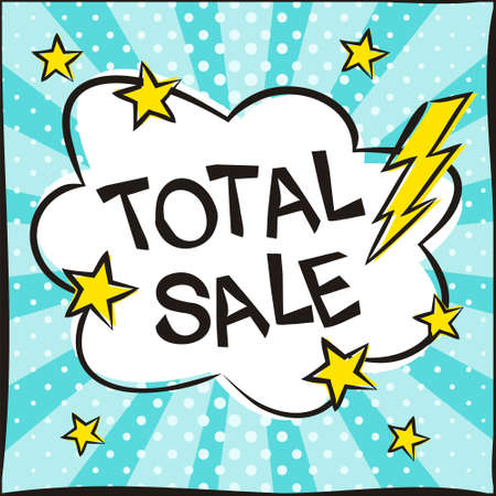 Bright banner for discounts or sales in the style of popart. Cloud, stars and lightning on a bright blue background. Vector template for web design, banners, coupons, applications and posters.のイラスト素材