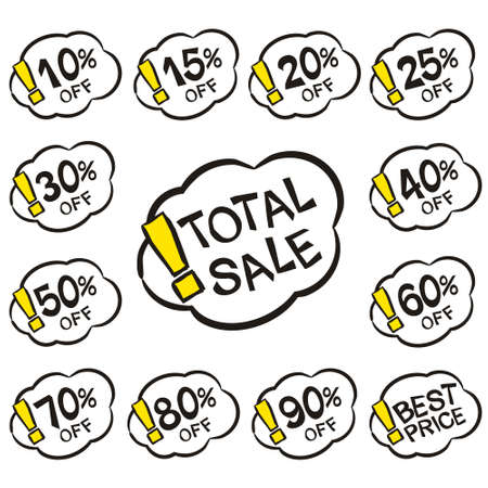 Cloud stickers for sale in pop art style. Cartoon Coupons with percentage discounts. Vector illustration for decoration of a store, showcase, advertising booklets or price tags.のイラスト素材