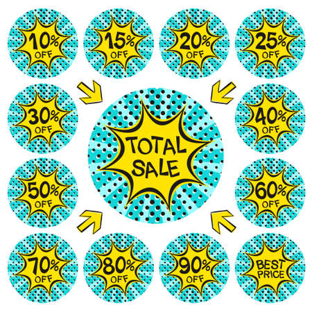 Bright yellow stickers for sale in pop art style. Explosive action. Coupons with percentage discounts. Vector illustration for decoration of a store, showcase, advertising booklets or price tags.のイラスト素材