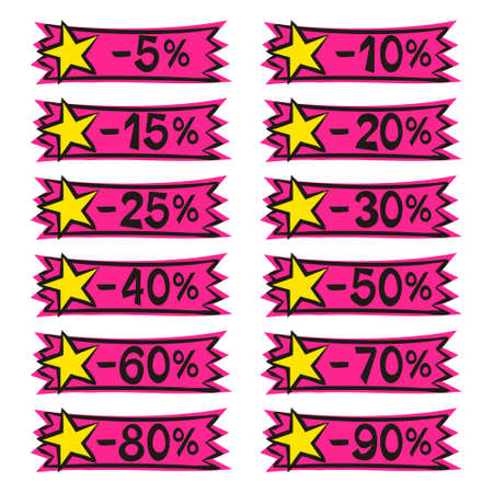 Bright pink stickers for sale in pop art style. Explosive action. Coupons with percentage discounts. Vector illustration for decoration of a store, showcase, advertising booklets or price tags.のイラスト素材