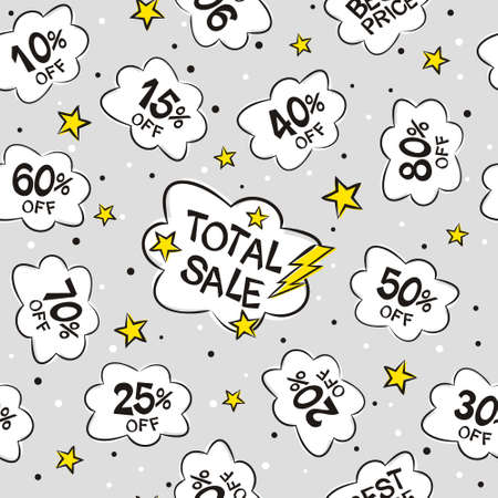 Seamless pattern with Cloud stickers for sale in pop art style. Cartoon Coupons with percentage discounts. Vector illustration for decoration of a store, showcase, advertising booklets or price tags.のイラスト素材