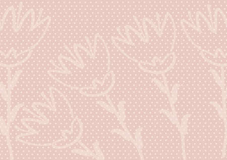 Gently pink polka dot background with hand-drawn flowers. Cute pattern for greeting cards, scrapbooking, weddings, invitations. Vector illustration in vintage style.のイラスト素材