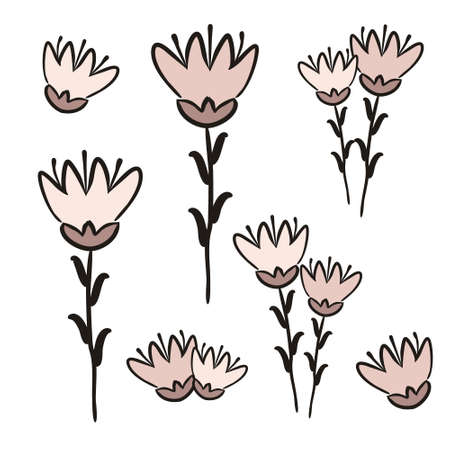 Set of hand-drawn flowers. Pink fantasy flowers isolated on white background. Vector illustration for cute floral design, design of books, albums, cards and posters.のイラスト素材