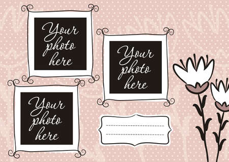 Cute photo book with flower. Pink page for a photo album. Template for the design of frames for photographs, posters, cards, stickers. Vector illustration.のイラスト素材