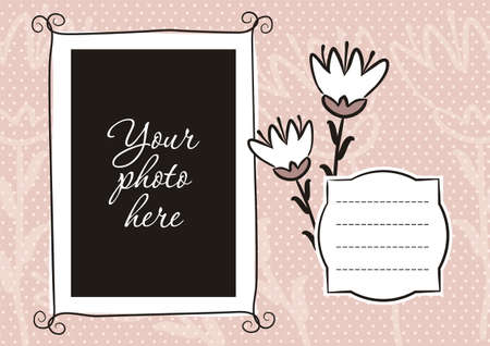 Cute photo book with flower. Pink page for a photo album. Template for the design of frames for photographs, posters, cards, stickers. Vector illustration.のイラスト素材