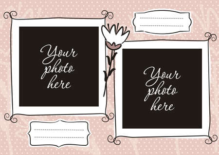 Cute photo book with flower. Pink page for a photo album. Template for the design of frames for photographs, posters, cards, stickers. Vector illustration.のイラスト素材