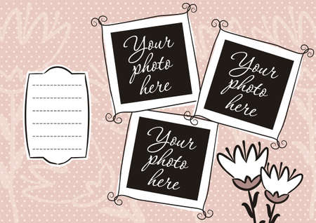 Cute photo book with flower. Pink page for a photo album. Template for the design of frames for photographs, posters, cards, stickers. Vector illustration.のイラスト素材