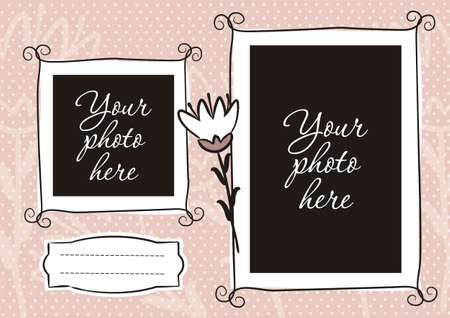 Cute photo book with flower. Pink page for a photo album. Template for the design of frames for photographs, posters, cards, stickers. Vector illustration.のイラスト素材