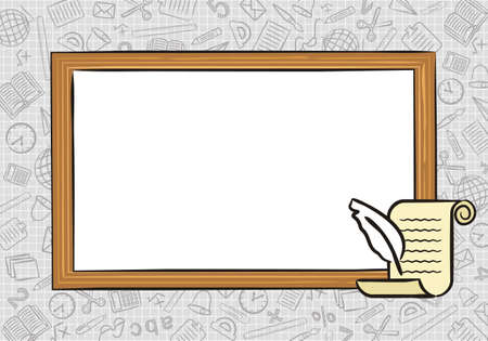 Template for school educational project or photo frame. White School board on a background of a notebook sheet in a box. Literature Feather scroll drawn by hand in doodle style. Vector Screensaver.のイラスト素材
