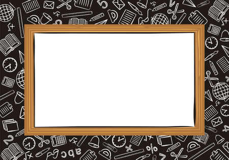 Template for school educational project or photo frame. School blackboard on a background of a notebook sheet in a box. School icons drawn by hand in doodle style. Vector Screensaver.のイラスト素材