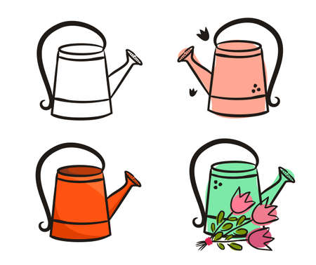 Set of hand-drawn cute watering cans. Garden canister icons isolated on white background. Bouquet of tulips in a pot. Doodle Spring vector illustration for banner, web design, posters and cards.のイラスト素材