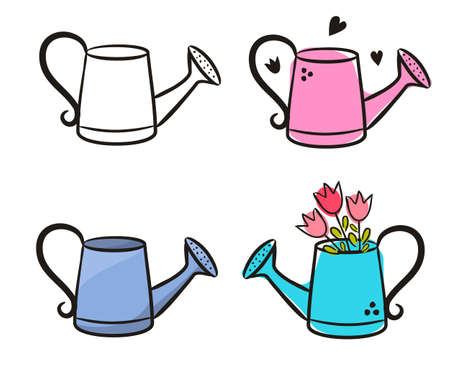 Set of hand-drawn cute watering cans. Garden canister icons isolated on white background. Bouquet of tulips in a pot. Doodle Spring vector illustration for banner, web design, posters and cards.のイラスト素材