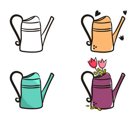 Set of hand-drawn cute watering cans. Garden canister icons isolated on white background. Bouquet of tulips in a pot. Doodle Spring vector illustration for banner, web design, posters and cards.のイラスト素材