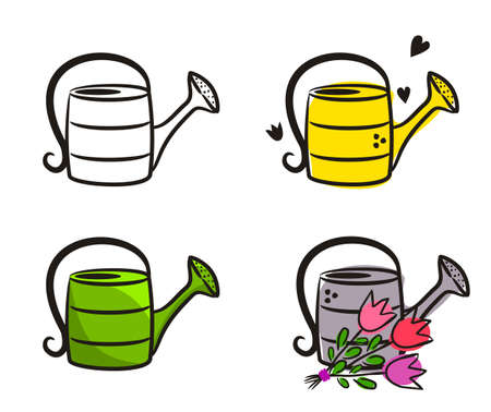Set of hand-drawn cute watering cans. Garden canister icons isolated on white background. Bouquet of tulips in a pot. Doodle Spring vector illustration for banner, web design, posters and cards.のイラスト素材