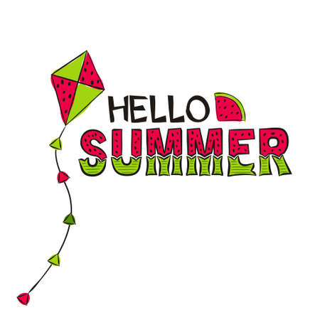 Hello summer lettering with hand-drawn watermellon and kite. Bright summer logo for card or banner. Vector illustration on white backgroundのイラスト素材