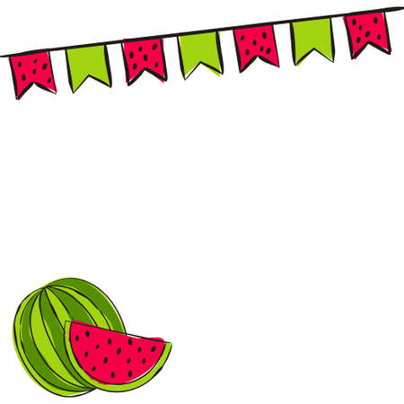 Watermellon template for card or banner. Bright summer frame with fruits with flags. Vector illustration on white backgroundのイラスト素材