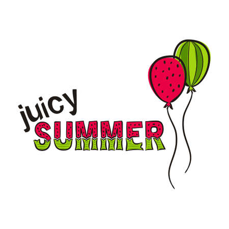 Juicy summer lettering with hand-drawn watermellon and balloons. Bright summer logo for card or banner. Vector illustration on white backgroundのイラスト素材