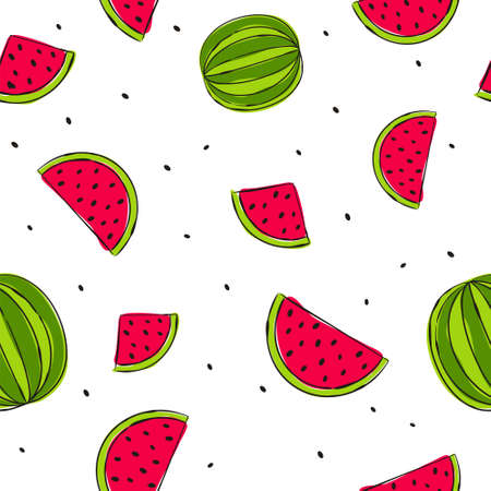 Seamless pattern with hand drawn watermelons. Bright green and red slices of watermelons on a white background. Trendy juicy illustration. Summer moodのイラスト素材