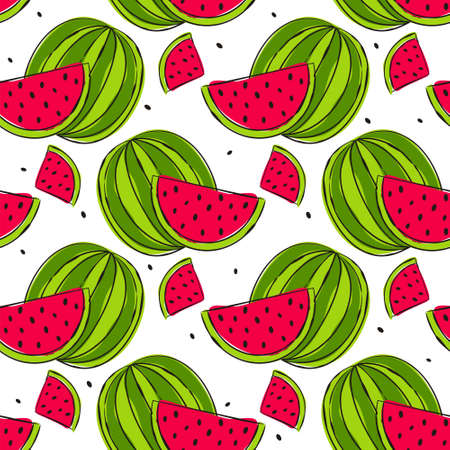 Seamless pattern with hand drawn watermelons. Bright green and red slices of watermelons on a white background. Trendy juicy illustration. Summer moodのイラスト素材