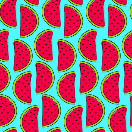 Seamless pattern with hand drawn watermelons. Bright green and red slices of watermelons on a turquoise background. Trendy juicy illustration. Summer moodのイラスト素材
