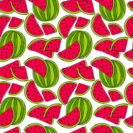 Seamless pattern with hand drawn watermelons. Bright green and red slices of watermelons on a white background. Trendy juicy illustration. Summer moodのイラスト素材