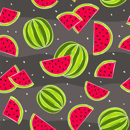 Seamless pattern with hand drawn watermelons. Bright green and red slices of watermelons on a dark gray background. Trendy juicy illustration. Summer moodのイラスト素材