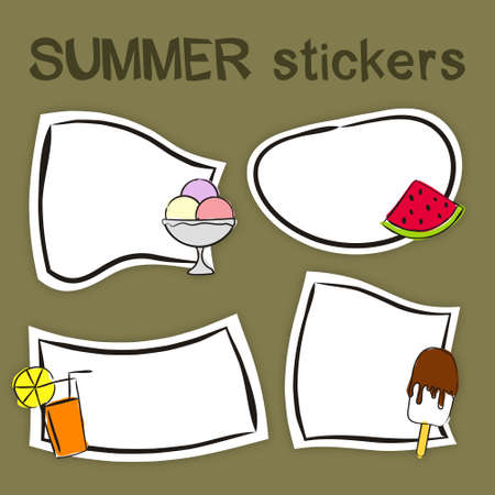 Set of hand drawn summer labels in cartoon style. Bright seasons stickers for youth products. Badges and tags for packaging. Vector illustrationのイラスト素材