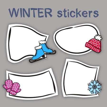Set of hand drawn winter labels in cartoon style. Bright seasons stickers for youth products. Badges and tags for packaging. Vector illustrationのイラスト素材