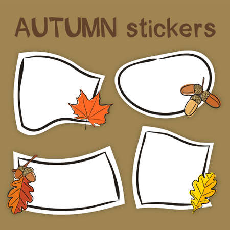 Set of hand drawn autumn labels in cartoon style. Bright seasons stickers for youth products. Badges and tags for packaging. Vector illustrationのイラスト素材