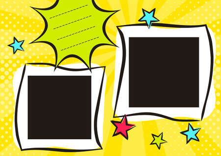 Children's photo book in pop art style. Bright page for a photo album. Template for the design of frames for photographs, posters, cards, stickers. Vector illustration.のイラスト素材