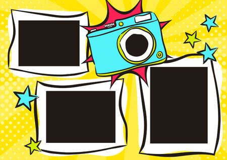 Children's photo book in pop art style. Bright page for a photo album. Template for the design of frames for photographs, posters, cards, stickers. Vector illustration.のイラスト素材