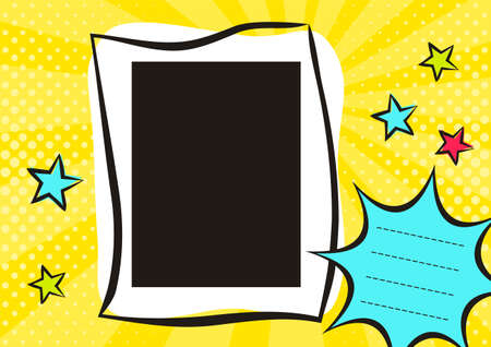 Children's photo book in pop art style. Bright page for a photo album. Template for the design of frames for photographs, posters, cards, stickers. Vector illustration.のイラスト素材