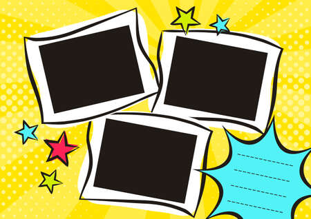 Children's photo book in pop art style. Bright page for a photo album. Template for the design of frames for photographs, posters, cards, stickers. Vector illustration.のイラスト素材